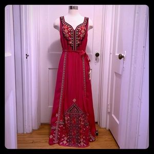 Anthropologie Gold Embroidered Maxi Dress